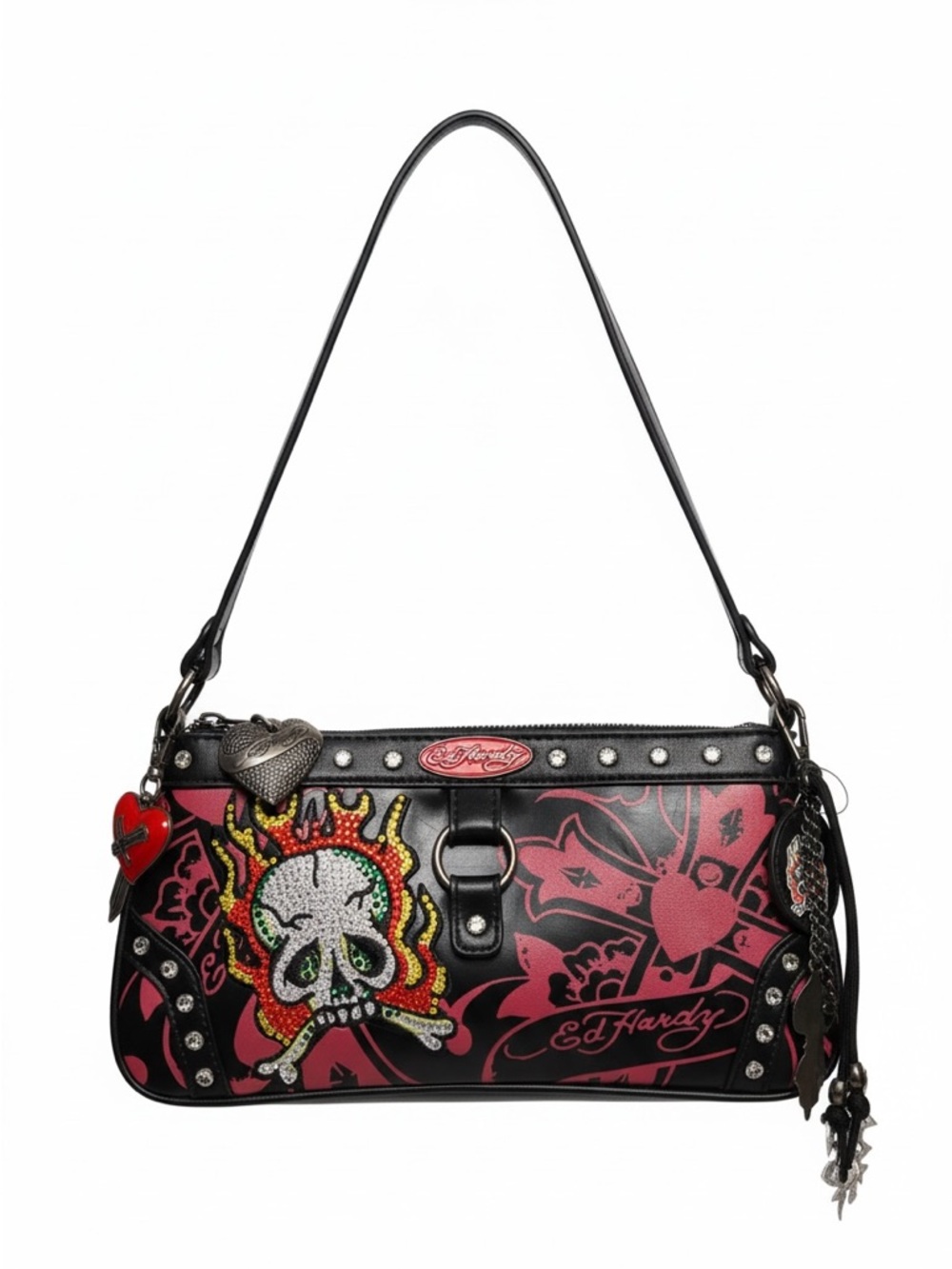 Ed Hardy Black and Pink Skull Charm Shoulder Bag